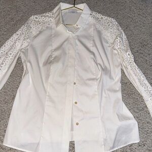 Akris Punto Stretch Blouse White Button Up Down Lace Sheer Sleeves Women’s Sz 10